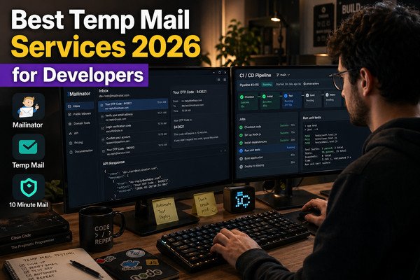 Developer testing email flow with temp mail tools - laptop with code editor and email inbox